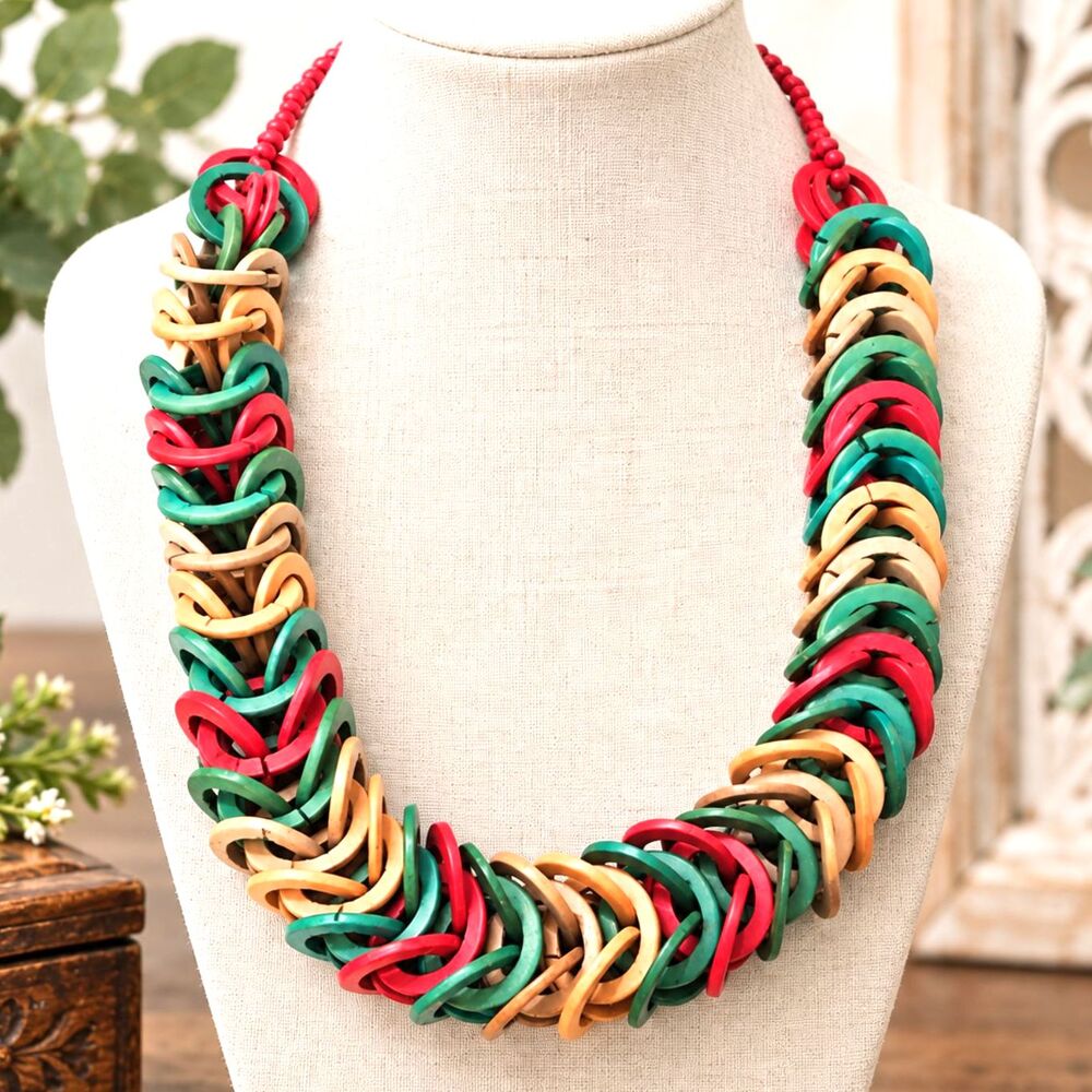 Vintage Multicolor Boho Woven Wooden Ring Necklace Statement 18"